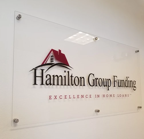 Clear Acrylic Sign with Standoffs for Hamilton Group Funding